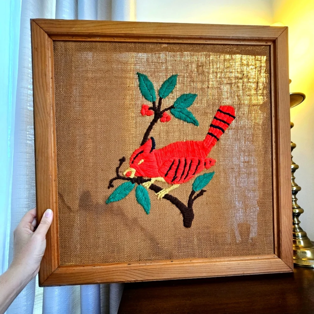 Antique Needlepoint Framed Wall Art Handcrafted Rustic Red Bird